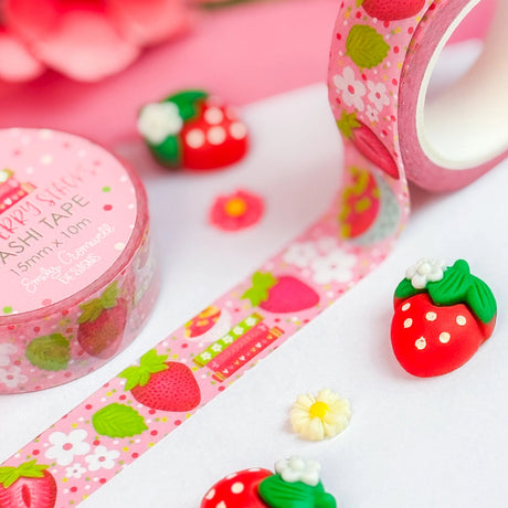 Add a pop of strawberry fun to your projects with our adorable Strawberry Stacks washi tape! Perfect for using in your planner, crafts, scrapbooking, and creative decorating, this cute washi tape sticks securely yet removes cleanly without damage.&nbsp;

Details:

Size: 15mm width x 10m length
Removable Washi Tape
Slightly Transparent
Features my hand drawn design as a repeat pattern