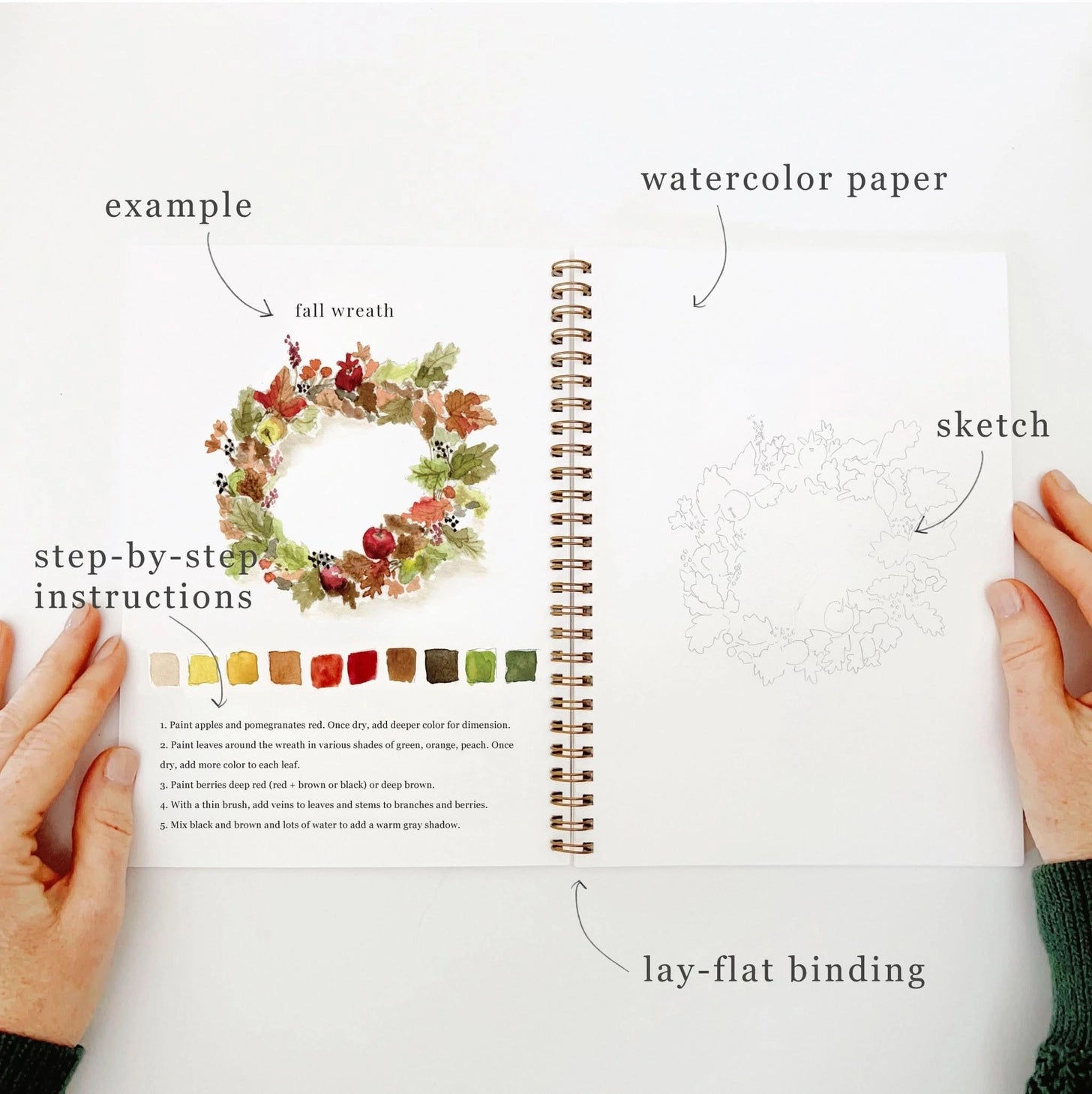 Twelve autumn illustrations — a pumpkin, squirrel, fall leaves, vintage truck, mum bouquet, fall wreath, and more — each pre-outlined with step-by-step instructions. Paintings take about thirty minutes from start to finish, making it approachable for first-time painters and a favorite for gifting.

12 beginner-friendly illustrations
Thick 120lb watercolor paper&nbsp;
Lay-flat pages with spiral binding for hassle-free painting and easy tear-out&nbsp;
Lightly outlined sketches to guide you&nbsp;
Easy to carry