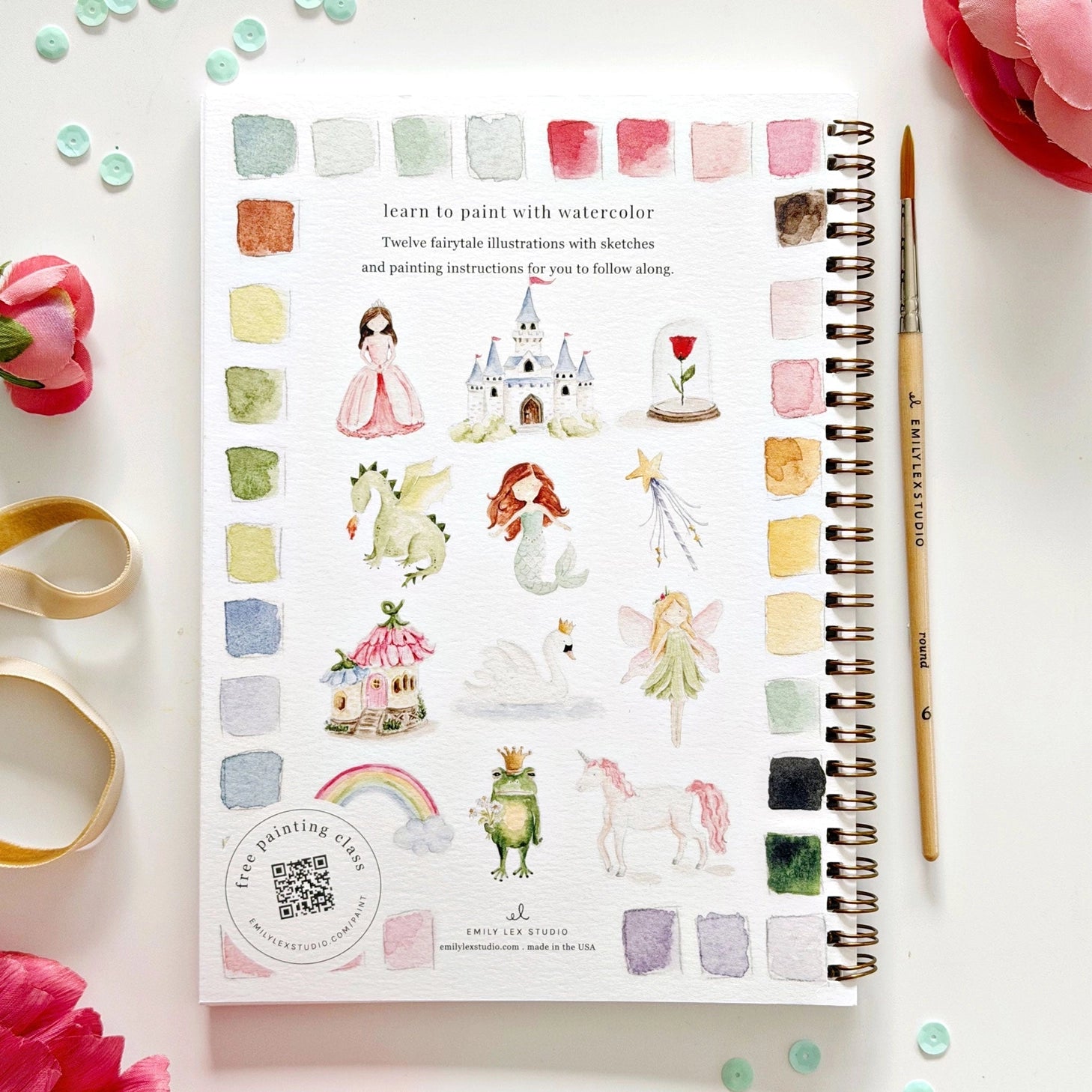 Twelve storybook illustrations — a princess, castle, dragon, mermaid, fairy, unicorn, and more — each pre-outlined with step-by-step instructions. Paintings take about thirty minutes from start to finish, making it a favorite for young painters and the grown-ups who paint alongside them.

12 beginner-friendly illustrations
Thick 120lb watercolor paper&nbsp;
Lay-flat pages with spiral binding for hassle-free painting and easy tear-out&nbsp;
Lightly outlined sketches to guide you&nbsp;
Easy to carry, travel-r