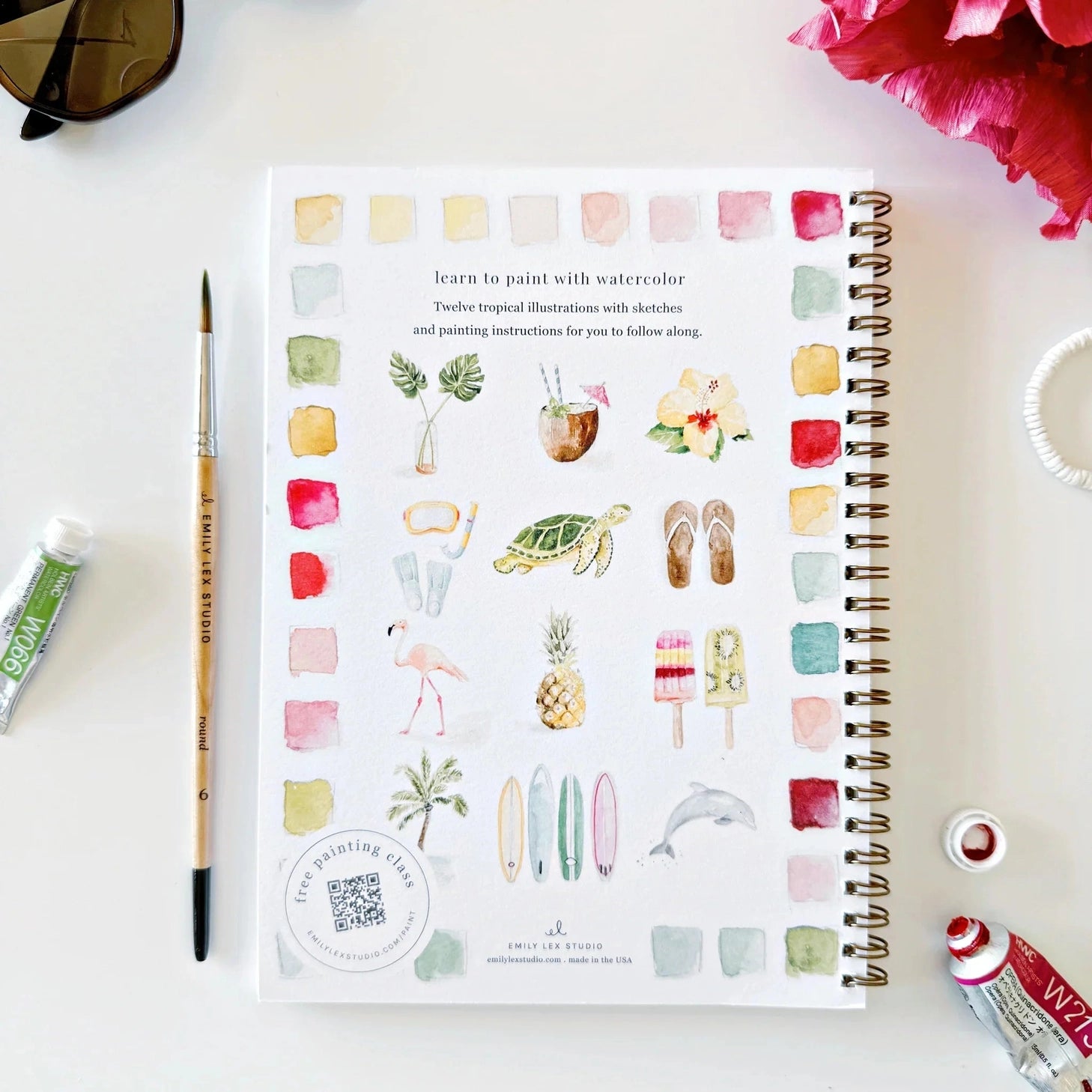 Emily Lex Studio Watercolor Workbook - Tropical

Twelve tropical illustrations — a palm tree, hibiscus, sea turtle, flamingo, pineapple, surfboards, and more — each pre-outlined with step-by-step instructions. Paintings take about thirty minutes from start to finish, making it approachable for first-time painters and a favorite for gifting.

12 beginner-friendly illustrations
Thick 120lb watercolor paper&nbsp;
Lay-flat pages with spiral binding for hassle-free painting and easy tear-out&nbsp;
Lightly outlin