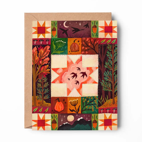 Cottagecore fall quilt greeting card featuring a pumpkins, autumn trees, foliage and birds. Perfect for the autumn season. &nbsp;All greeting cards are hand illustrated by me!&nbsp;

Printed on premium heavyweight matte cardstock, this A2 card is blank inside—ready for your handwritten notes.

Includes a kraft envelope
