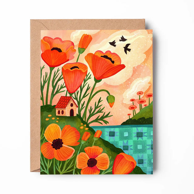 Emmylou Illustrations - Orange Poppy Cottage Greeting Card

Spring or Summer greeting card featuring colorful orange poppies, cozy cottage, and a quilted lake/ocean. Perfect for anniversaries, birthdays, Mother’s Day, housewarming, or just because! All greeting cards are hand illustrated by me!&nbsp;

Printed on premium heavyweight matte cardstock, this A2 card is blank inside—ready for your handwritten notes.

Includes a kraft envelope