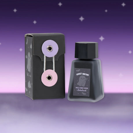 Add a little Halloween magic to your writing with our Sweetly Haunted Ink, created in collaboration with Sweet Kawaii Design. This beautiful purple fountain pen ink features a silver shimmer that catches the light with every stroke, adding a playful touch to your handwritten pages. Available in a 30 mL bottle, it's the perfect companion to either Sweetly Haunted Estie as part of this spooky collection! 