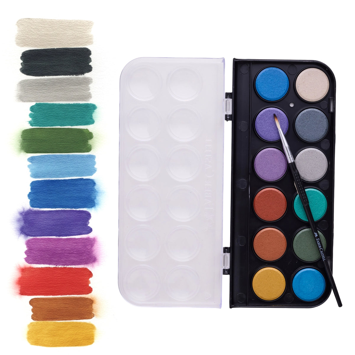 This complete watercolor paint cake set features 12 vibrant colors and includes a paint brush. The pigment packed paints are easy to mix and blend and feature deep pans of opaque colors that work on paper, canvas and wood.