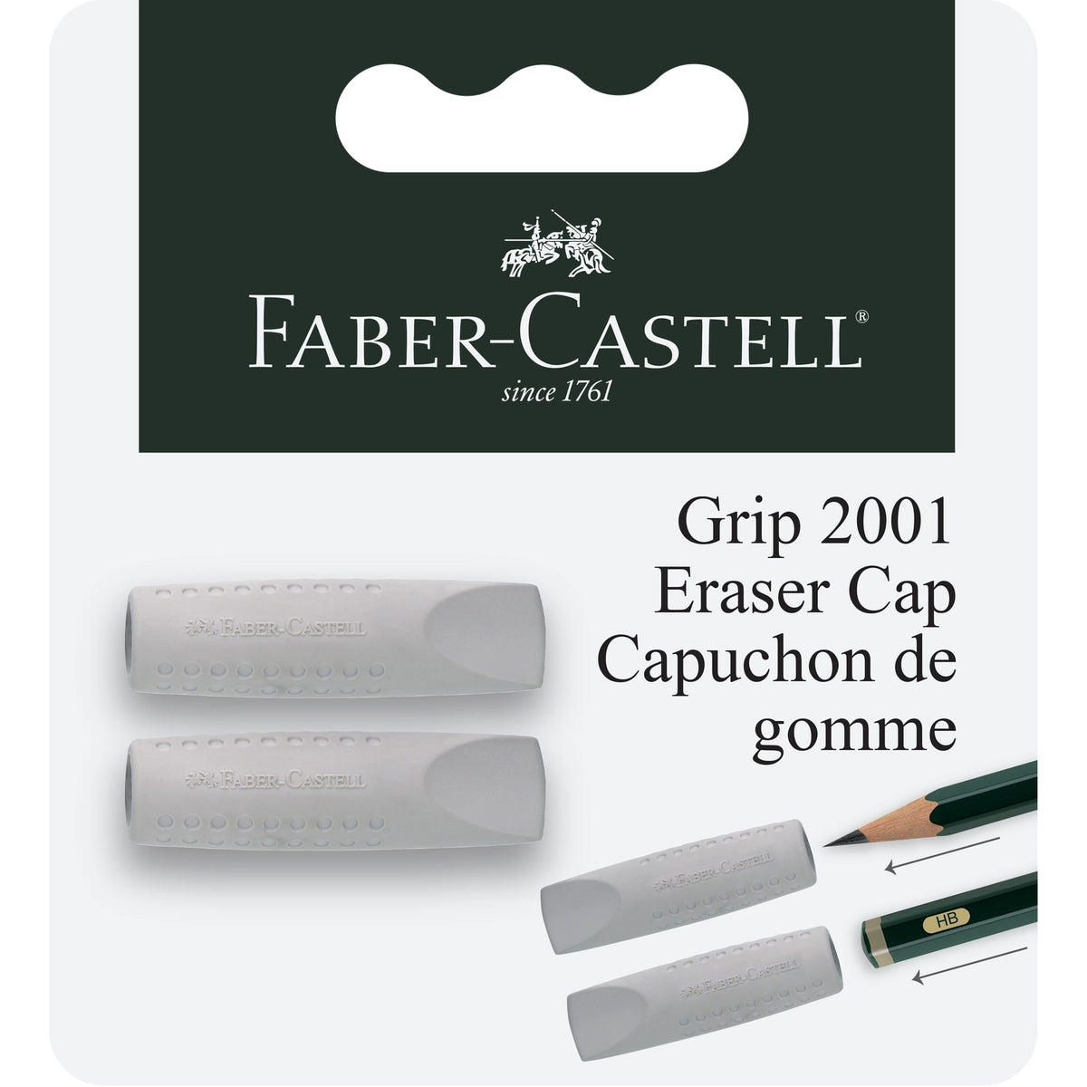 The Grip Eraser Cap - attached on the rear to lengthen the pencil or on the front as a pencil point protector, it's always close at hand. It has the same high quality as all the other Faber-Castell quality erasers and is of course PVC-Free.