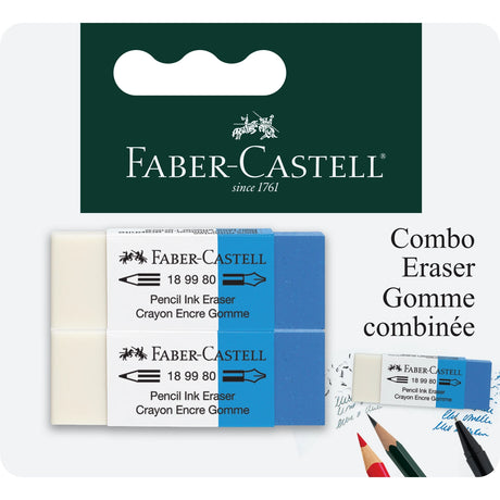 Two pack dual multi-purpose erasers for graphite pencils and ink pens on blistercard. Use the white side to erase pencil marks, and the blue side to erase ink marks.