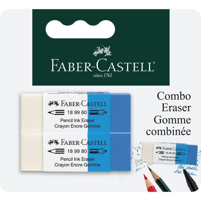 Two pack dual multi-purpose erasers for graphite pencils and ink pens on blistercard. Use the white side to erase pencil marks, and the blue side to erase ink marks.