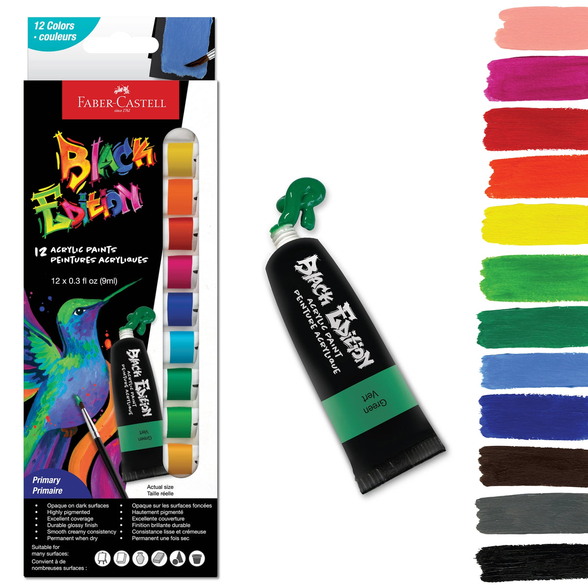 Faber-Castell Black Edition Acrylic Liquid Paint Tubes - Basic Colors

Acrylic paint set with 12 tubes of paint, each 03. fl oz (9ml) in size.