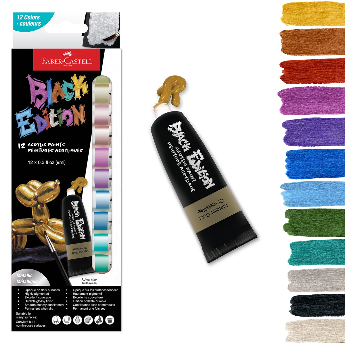 Faber-Castell Black Edition Acrylic Liquid Paint Tubes - Metallic

Acrylic paint set with 12 tubes of paint, each 03. fl oz (9ml) in size.