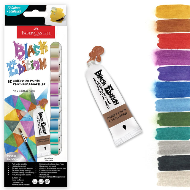 Faber-Castell Black Edition Watercolor Liquid Paint Tubes - Metallic

12 Count set of watercolor paint tubes, each 0.3 fl oz (9ml) in size for use on light colored papers.