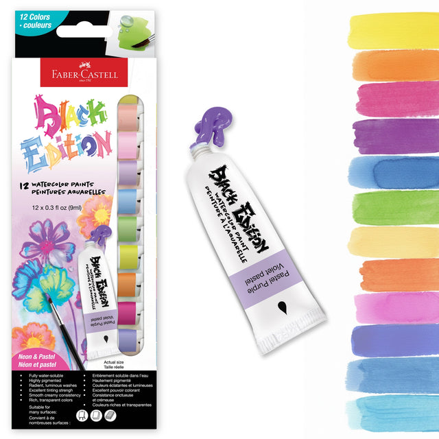 Faber-Castell Black Edition Watercolor Liquid Paint Tubes - Neon

12 Count set of watercolor paint tubes, each 0.3 fl oz (9ml) in size for use on light colored papers.