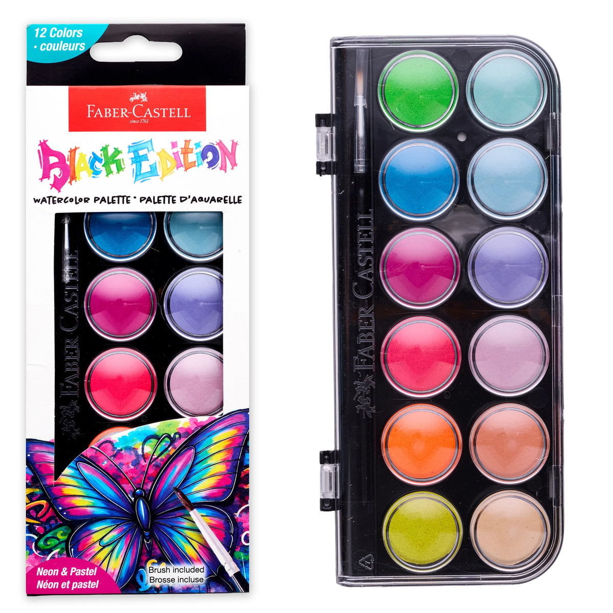 This complete watercolor paint cake set features 12 vibrant colors and includes a paint brush. The pigment packed paints are easy to mix and blend and feature deep pans of opaque colors that work on paper, canvas and wood.