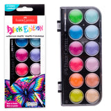 This complete watercolor paint cake set features 12 vibrant colors and includes a paint brush. The pigment packed paints are easy to mix and blend and feature deep pans of opaque colors that work on paper, canvas and wood.