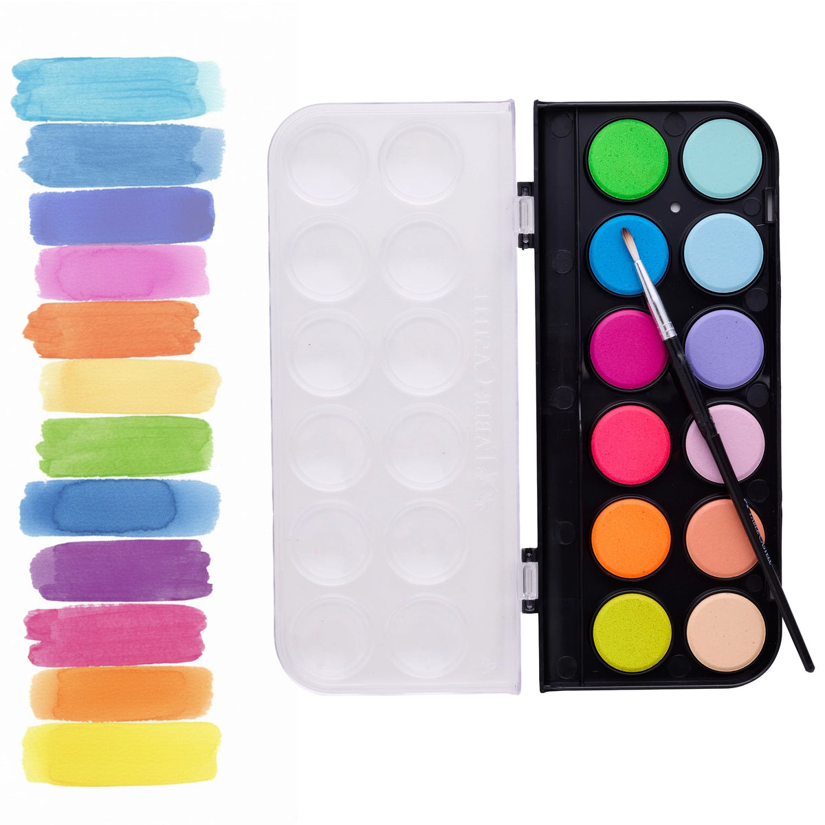 This complete watercolor paint cake set features 12 vibrant colors and includes a paint brush. The pigment packed paints are easy to mix and blend and feature deep pans of opaque colors that work on paper, canvas and wood.