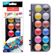 This complete watercolor paint cake set features 12 vibrant colors and includes a paint brush. The pigment packed paints are easy to mix and blend and feature deep pans of opaque colors that work on paper, canvas and wood.