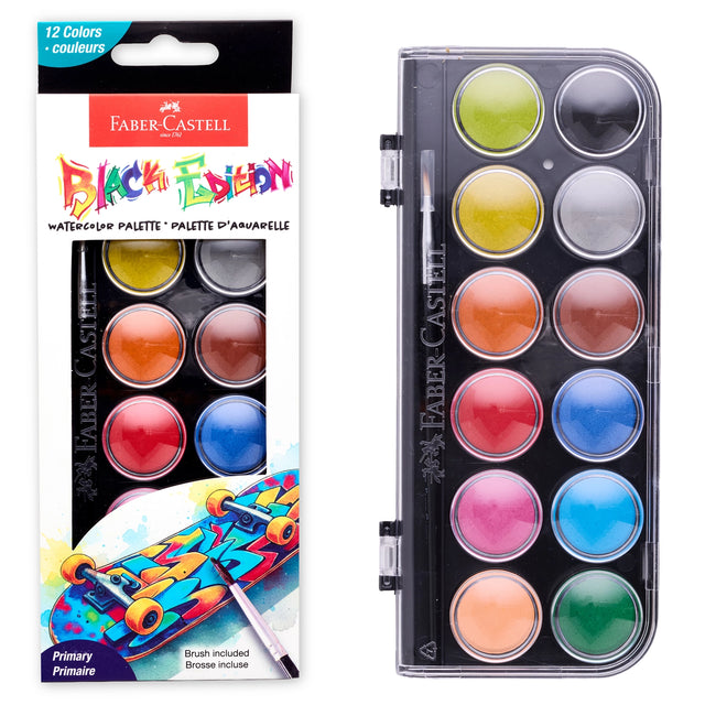 This complete watercolor paint cake set features 12 vibrant colors and includes a paint brush. The pigment packed paints are easy to mix and blend and feature deep pans of opaque colors that work on paper, canvas and wood.