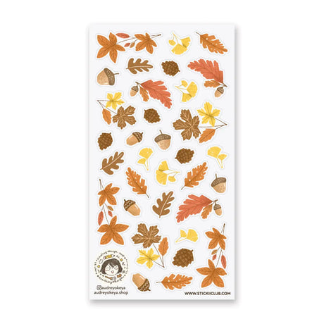 STICKII - Fall Flora Sticker Sheet

🍁 Time to spice things up with this cool set of autumn goodies by @audreyokeya that'll instantly add awesome fall vibes wherever you place them. Featuring leaves, acorns, and pine cones in the classic autumnal color palette, we're feeling the festive spirit already! Art by: @audreyokeya

Top Coating: None
Adhesive Layer: Paper
Backing Layer: Paper
6.69" x 3.54".
Weight - 0.03lbs.
1 sheet included &nbsp; 