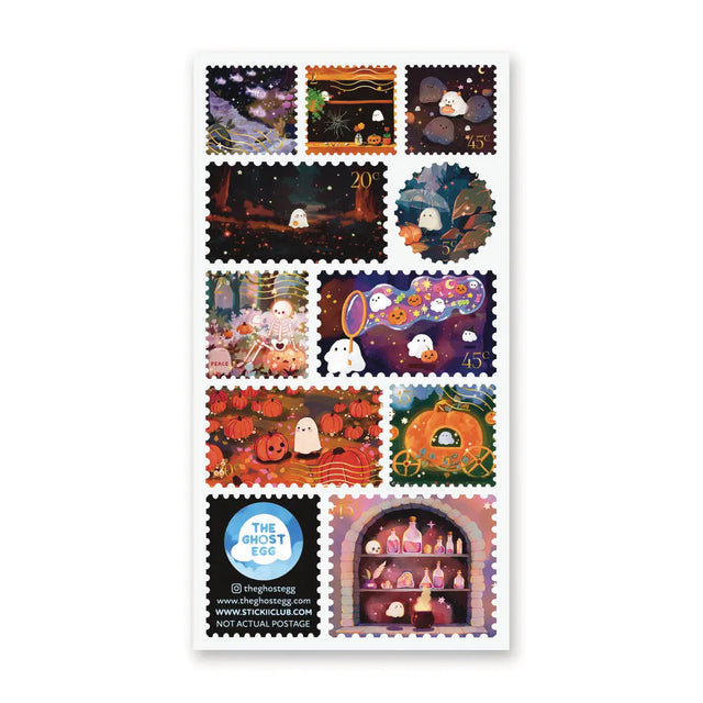👻🍁 Follow @theghostegg’s sweet little ghosties as they float through their favorite fall activities! From pumpkin patch strolls and lantern-lit nights to magical forest wanderings and cozy potion brewing, this charming sheet is packed with autumn magic and playful spooky vibes. With magic, twinkling stars, and friendly spirits at every turn, this set captures all the charm of autumn nights and Halloween wonder in one adorable sheet. Art by: @theghostegg

Top Coating: None
Adhesive Layer: Paper
Backing Lay