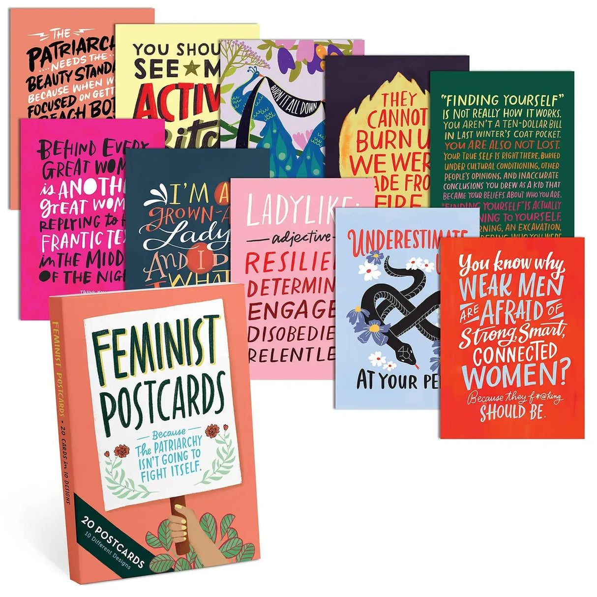 Give the grown-ass ladies and badass girls in your life a boost of feminist fire with this postcard book (20 cards, 10 designs). And if you’re the type to send postcards to politicians, these are sure to send a message: The future is feMAIL. (Sorry, we had to make that joke.)

Twenty extra-large 5" x 7" postcards with card stock cover
2 each of 10 different designs (20 total postcards)