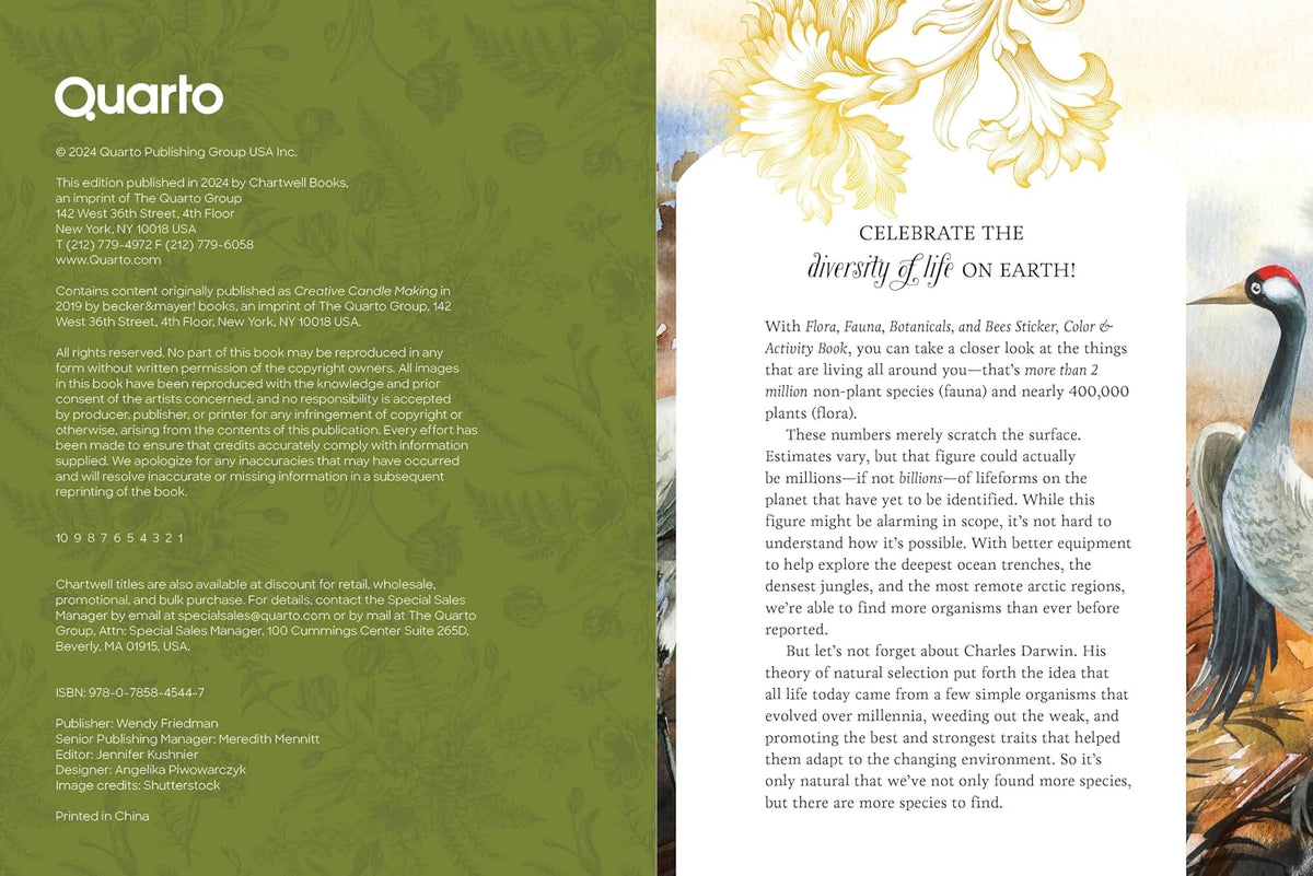 Celebrate the diversity of life on earth with 500+ stickers, 50+ activity and coloring pages, and instructions for candle making, drying bouquets, and so much more!
With Flora, Fauna, Botanicals, and Bees Sticker, Color & Activity Book, you can take a closer look at the things that are living all around you—that’s more than 2 million non-plant species (fauna) and nearly 400,000 plants (flora).

These numbers merely scratch the surface. Estimates vary, but that figure could actually be millions—if not billio