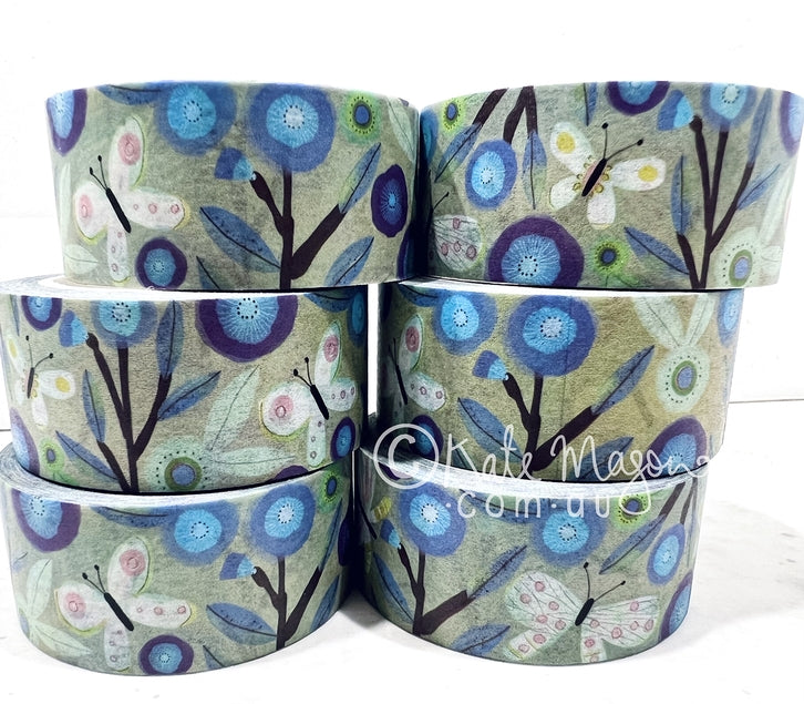 Cinta washi con diseño de mariposas y flores de aciano 