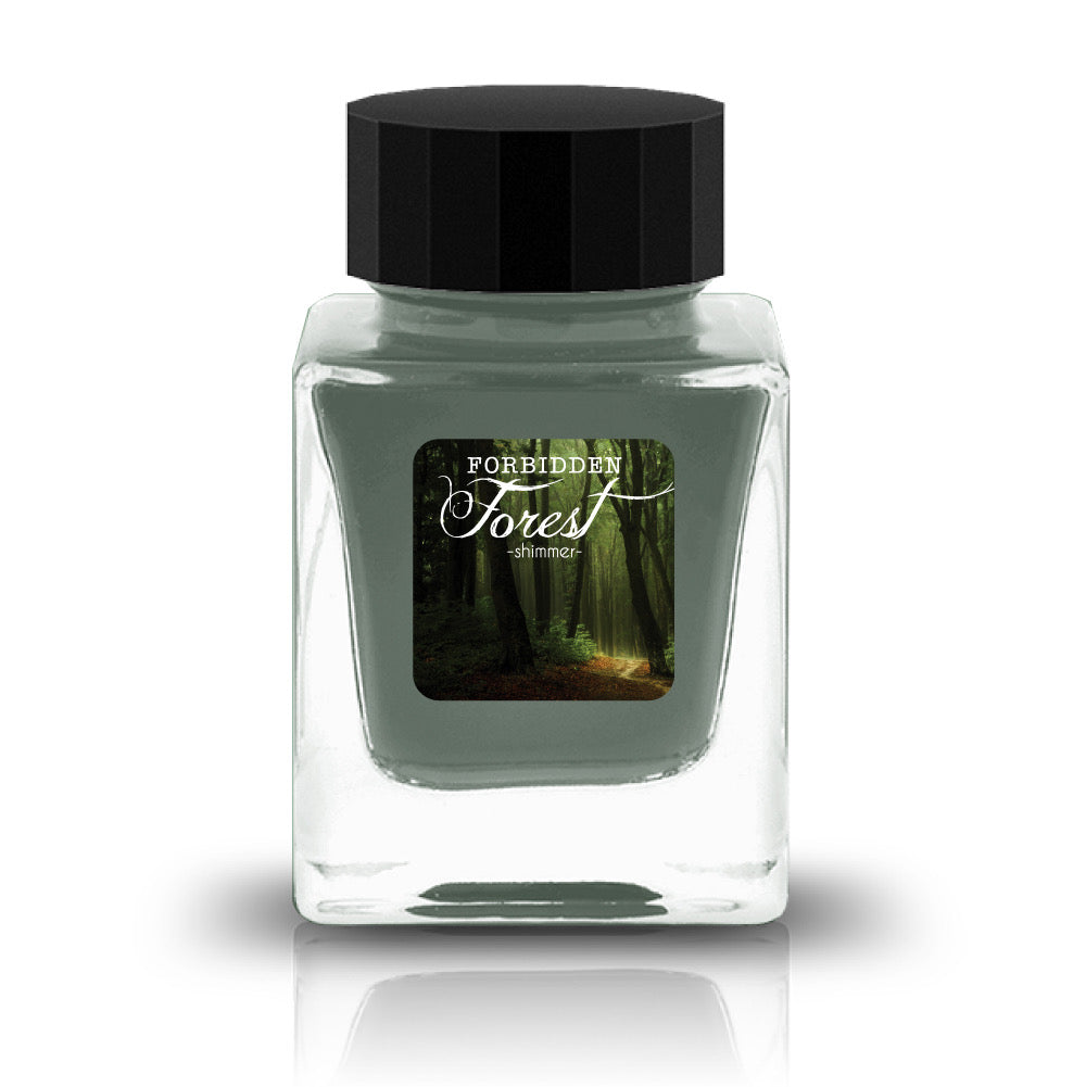 Forbidden Forest Shimmer captures the magic of a woodland few dare to enter. Deep teal and blue-green pools weave through soft mossy undertones, while a luminous champagne-gold shimmer dances across the page like sunlight filtering through an ancient canopy. Rich bronze shading emerges in heavier swabs, creating depth and intrigue with every stroke. Mysterious yet inviting, this ink evokes winding forest paths, hidden clearings, and treasures waiting to be discovered beneath the leaves.