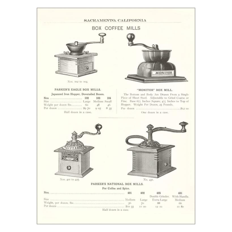 Elevate your inventory with this classic 3.5" x 5.5" postcard featuring an image from our Coffee & Tea collection titled Box Coffee Mills.