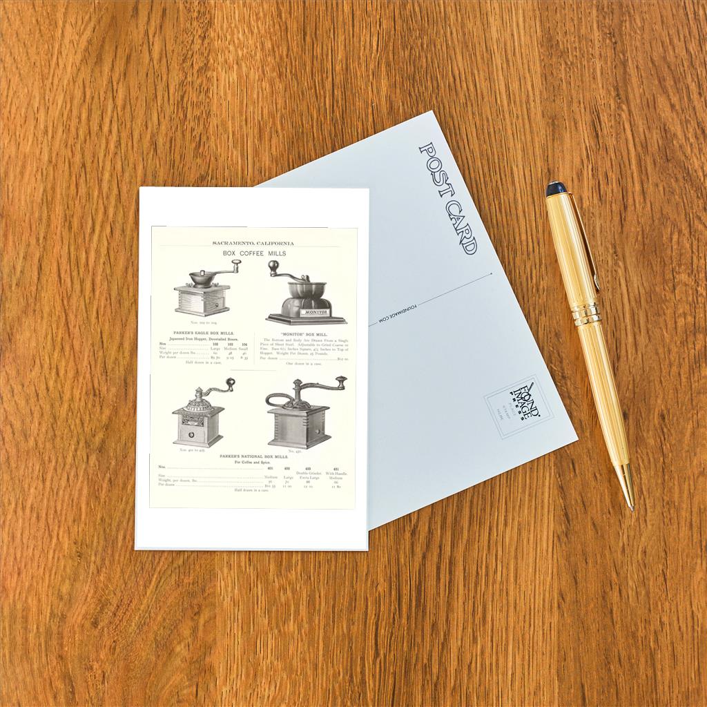 Elevate your inventory with this classic 3.5" x 5.5" postcard featuring an image from our Coffee & Tea collection titled Box Coffee Mills.