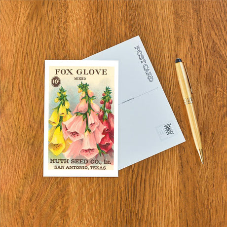 Elevate your inventory with this classic 3.5" x 5.5" postcard featuring an image from our Gardening collection titled Foxglove Seed Packet.