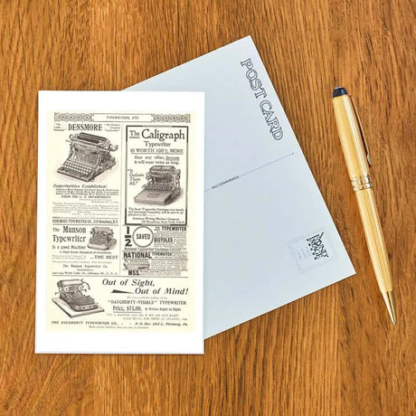 Found Image Press - Old Typewriter Advertisement Postcard

Elevate your inventory with this classic 3.5" x 5.5" postcard featuring an image from our American Commerce collection titled Old Typewriter Advertisement. It captures a nostalgic, vintage-inspired aesthetic that customers love. Perfect for adding a charming, retro flair to your repertoire.

• Size: 3.5" × 5.5"

• Made in USA using biodegradable, recycled, and recyclable materials