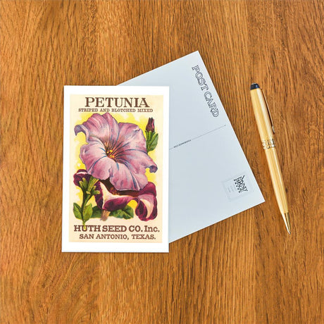 Elevate your inventory with this classic 3.5" x 5.5" postcard featuring an image from our Gardening collection titled Petunia Seed Packet.
