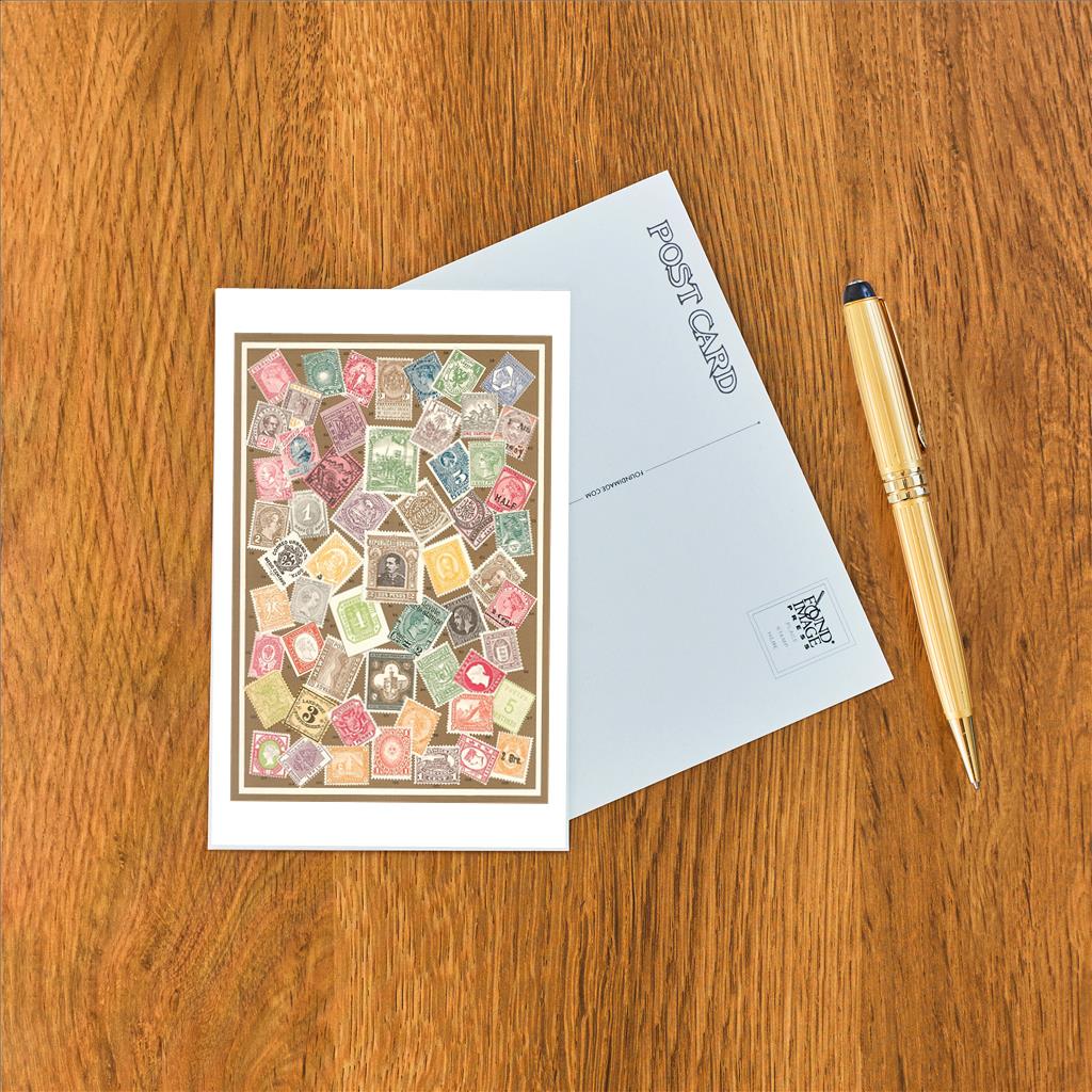 Elevate your inventory with this classic 3.5" x 5.5" postcard featuring an image from our Literature &amp; Letters collection titled Stamps of the World.
