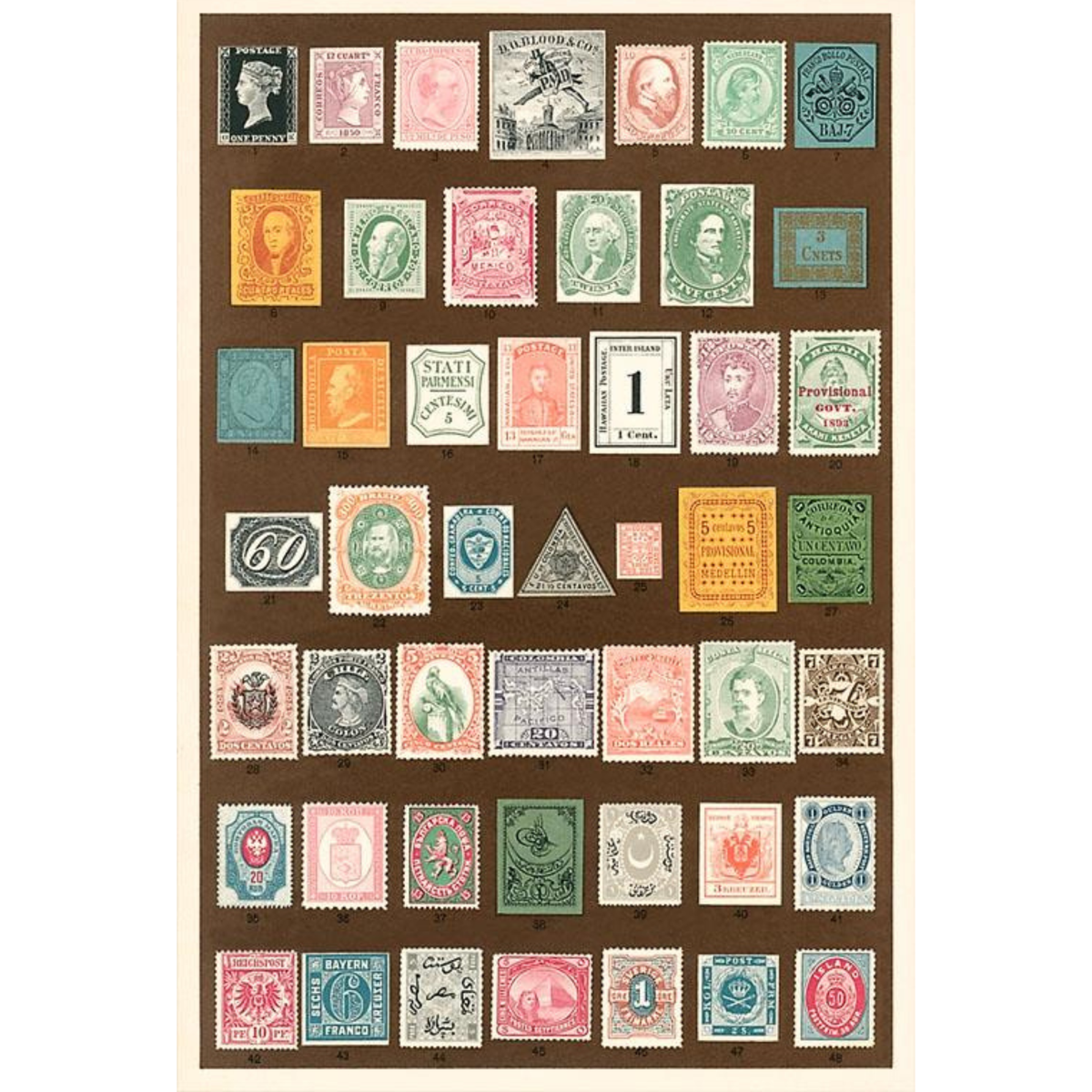 Elevate your inventory with this classic 3.5" x 5.5" postcard featuring an image from our Literature & Letters collection titled Stamps of the World.