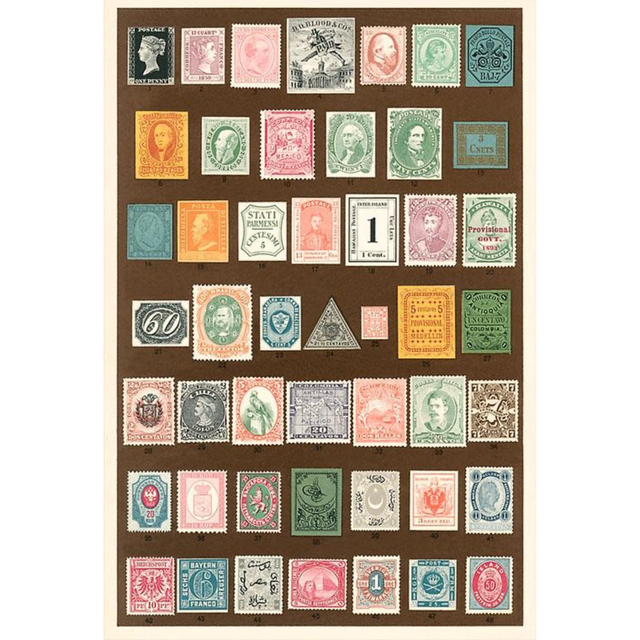 Elevate your inventory with this classic 3.5" x 5.5" postcard featuring an image from our Literature & Letters collection titled Stamps of the World.