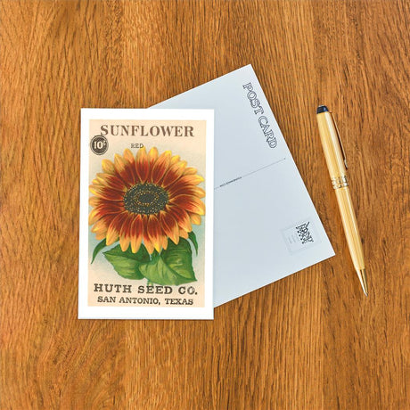 Elevate your inventory with this classic 3.5" x 5.5" postcard featuring an image from our Gardening collection titled Sunflower Seed Packet.
