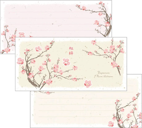 Frontier - Japanese Plum Blossom One-Stroke Paper

[Specifications]
● Contents: 36 sheets, ruled, 18 sheets each of 2
designs ● Size: H82 x W170mm

Plum blossoms tell us that the long winter is over and spring is coming a little early. The design features red plum blossoms that have begun to bloom a little bit despite the cold weather. The pastel shades give a sense of springtime gentleness. The ruled lines make it easy to write letters.