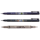 Contains the soft, hard tip and twin tip Fudenosuke Brush Pens.

Features a flexible brush tip for different lettering and drawing techniques. Create extra-fine, fine, or medium strokes by a change in brush pressure. Great for calligraphy and art drawings.

Soft tip, hard tip, and twin tip– water-based, pigmented black ink.
Odorless.
Non-refillable.