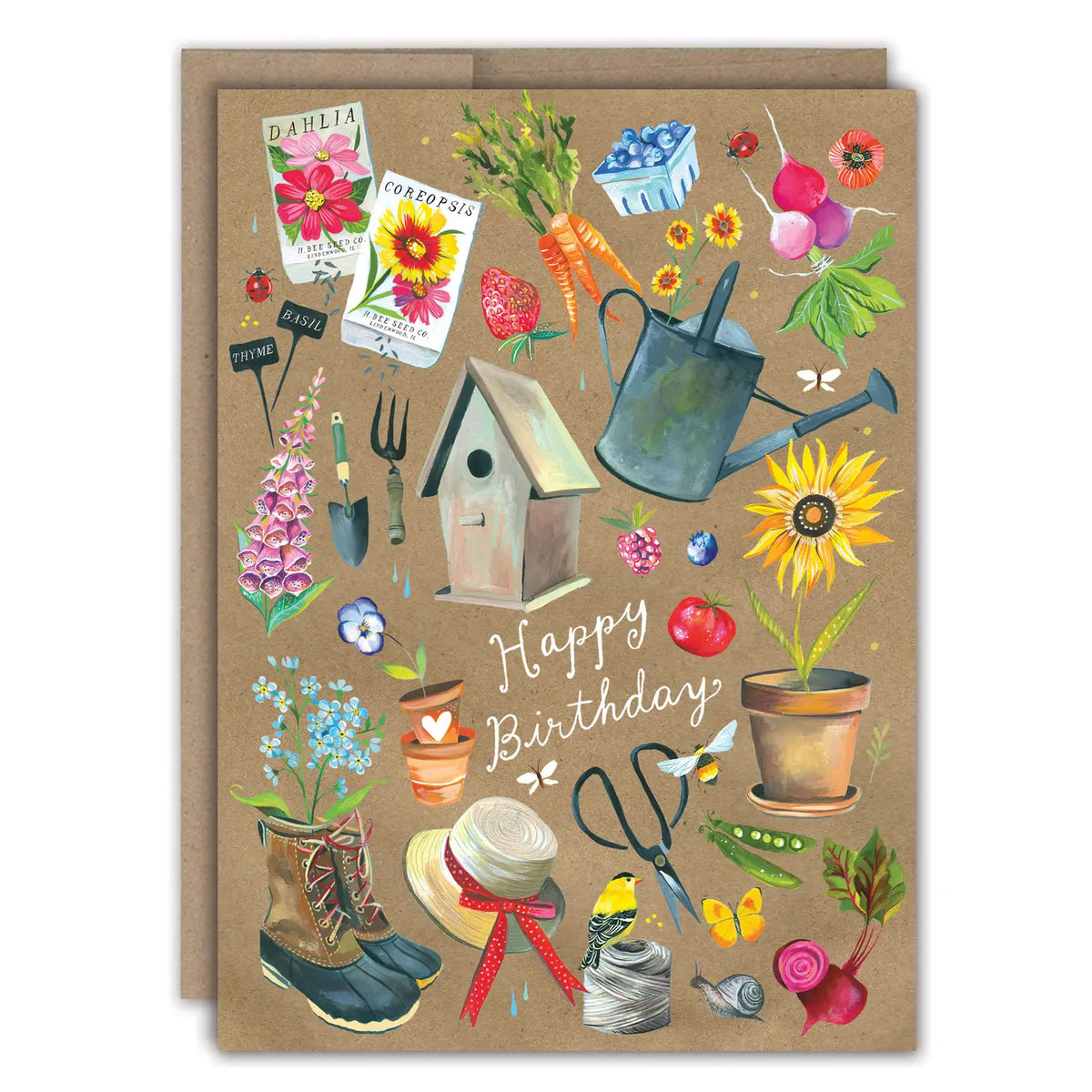 Gardener's Birthday Card

Inside verse: Sending you an abundance of wishes.&nbsp;

• Size: A6, 4.6" x 6.4"
• Illustrated by Katie Daisy
• Full-color inside
• Paired with a Brown Kraft envelope
• Printed in the USA on high-quality recycled post-consumer waste paper

About The Artist: Katie Daisy was raised by the birds and warm breezes of small-town Lindenwood, Illinois, brought up among the wildflowers with roots planted deeply in the natural world. She found her voice and honed her skills at the Minneapoli