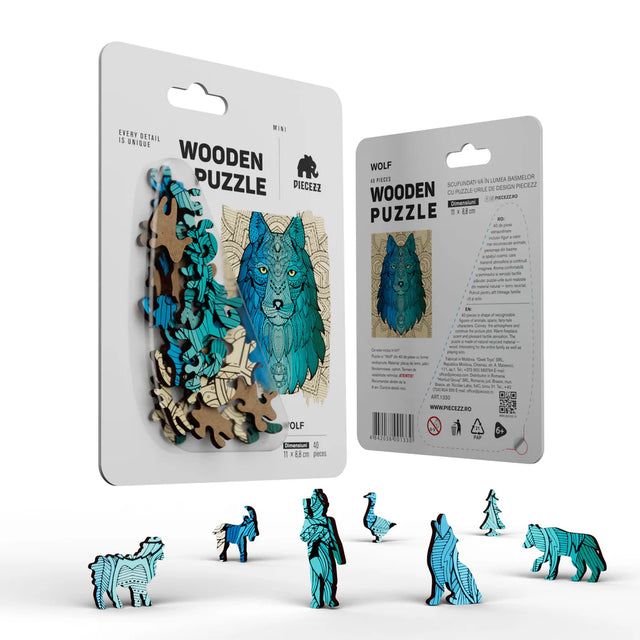 The Wolf Shaped Pocket Size Piecezz Wooden Puzzle is a fun and challenging animal shaped puzzle that is perfect for people .. The puzzle consists of 40 irregular wooden pieces that are shaped like a wolf.