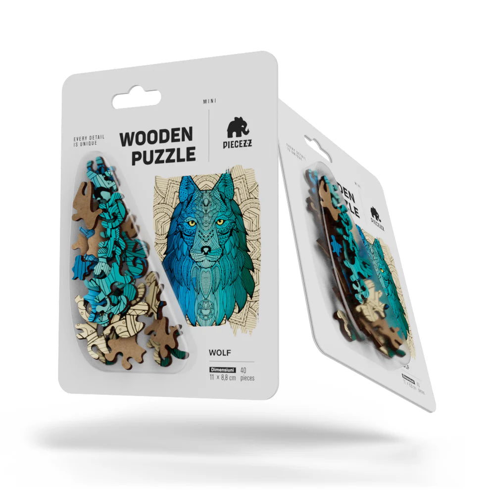 The Wolf Shaped Pocket Size Piecezz Wooden Puzzle is a fun and challenging animal shaped puzzle that is perfect for people .. The puzzle consists of 40 irregular wooden pieces that are shaped like a wolf.