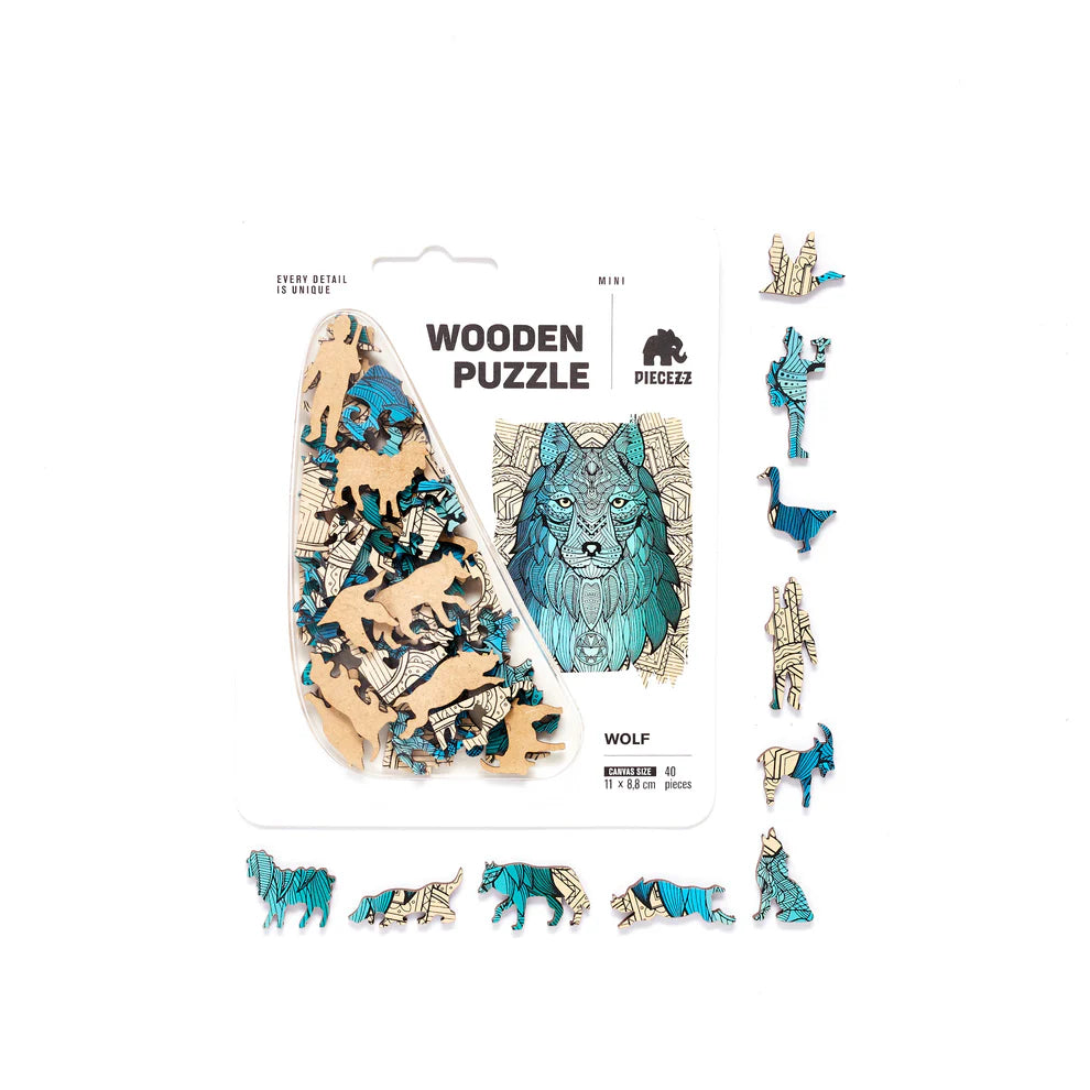 The Wolf Shaped Pocket Size Piecezz Wooden Puzzle is a fun and challenging animal shaped puzzle that is perfect for people .. The puzzle consists of 40 irregular wooden pieces that are shaped like a wolf.