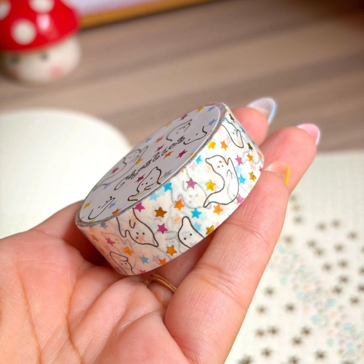 Add some color to your journal and crafts with this cute gold foiled ghostie washi tape designed by Veronica!

Perfect for crafts, journaling, snail mail, and more.

Size: 15mm x 10m