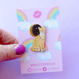 Glitter Punk - Ginger Cat Enamel Pin

Due to popular demand, here is a Ginger Cat enamel pin in a classic Glitter Punk style! Made from gold hard enamel, this 36mm cat has screen printed details, and sits under a glittery moon. It is secured with two pink rubber clasps.