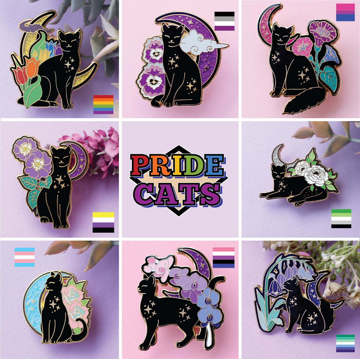 Celebrate your Pride with this fabulous Pansies Cat pin!

It features a black cat in front of a sparkly purple moon, next to some pansies in the black, grey, white & purple colours of the Ace Pride flag.

Each pin has a pair of heart shaped rubber pin backs, and is presented on a Pride themed Glitter Punk backing card. This pin is part of my Pride Cats collection, a 10-part set of enamel pins celebrating pride!

Measurements: 39mm (1.53”)