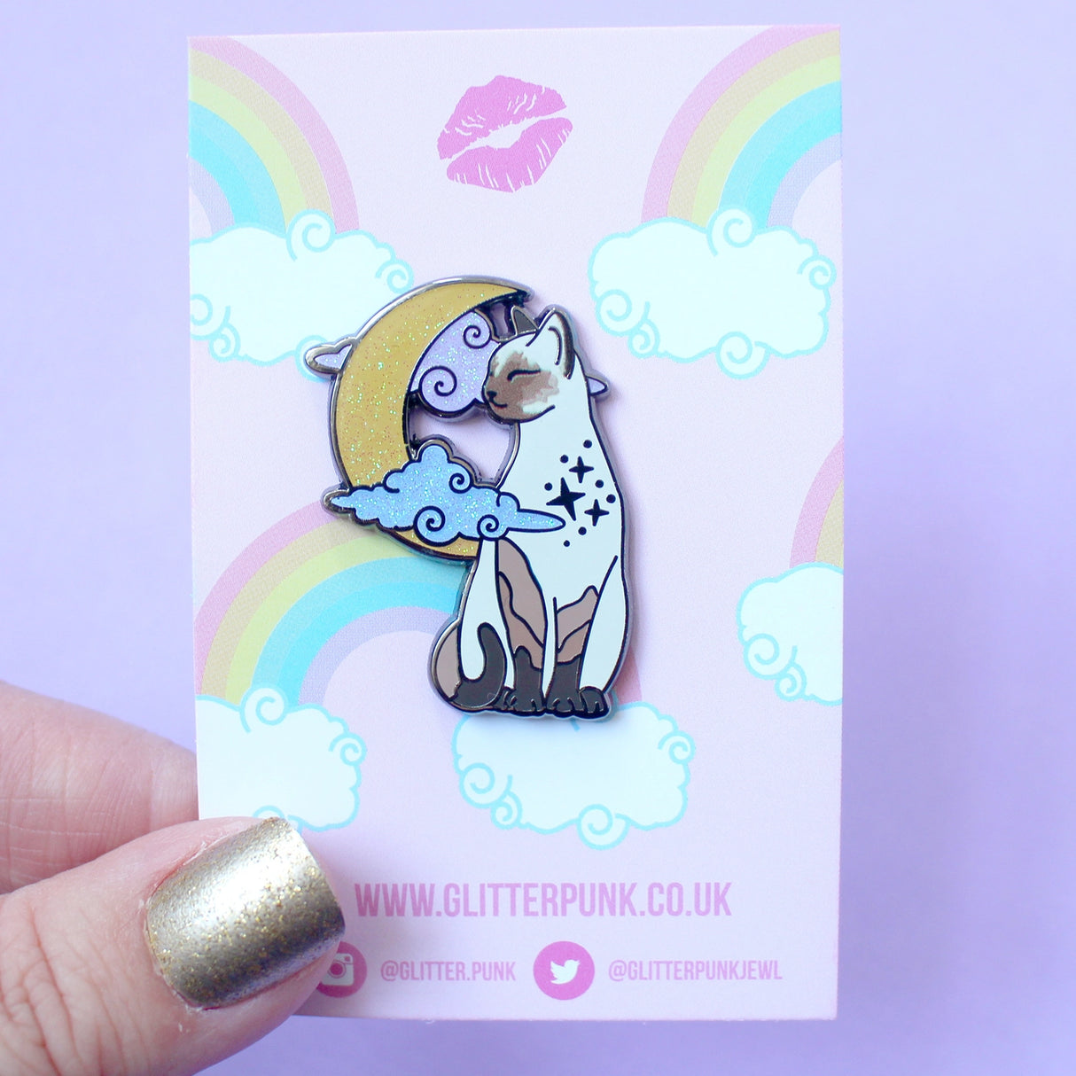 Glitter Punk - Pointed Cat Enamel Pin

Affectionate, clever and loud - there's no feline with the personality quite like a pointed cat!

This super sweet enamel pin depicts a pointed cat in a relaxed moment, in front of a glittery moon and clouds.