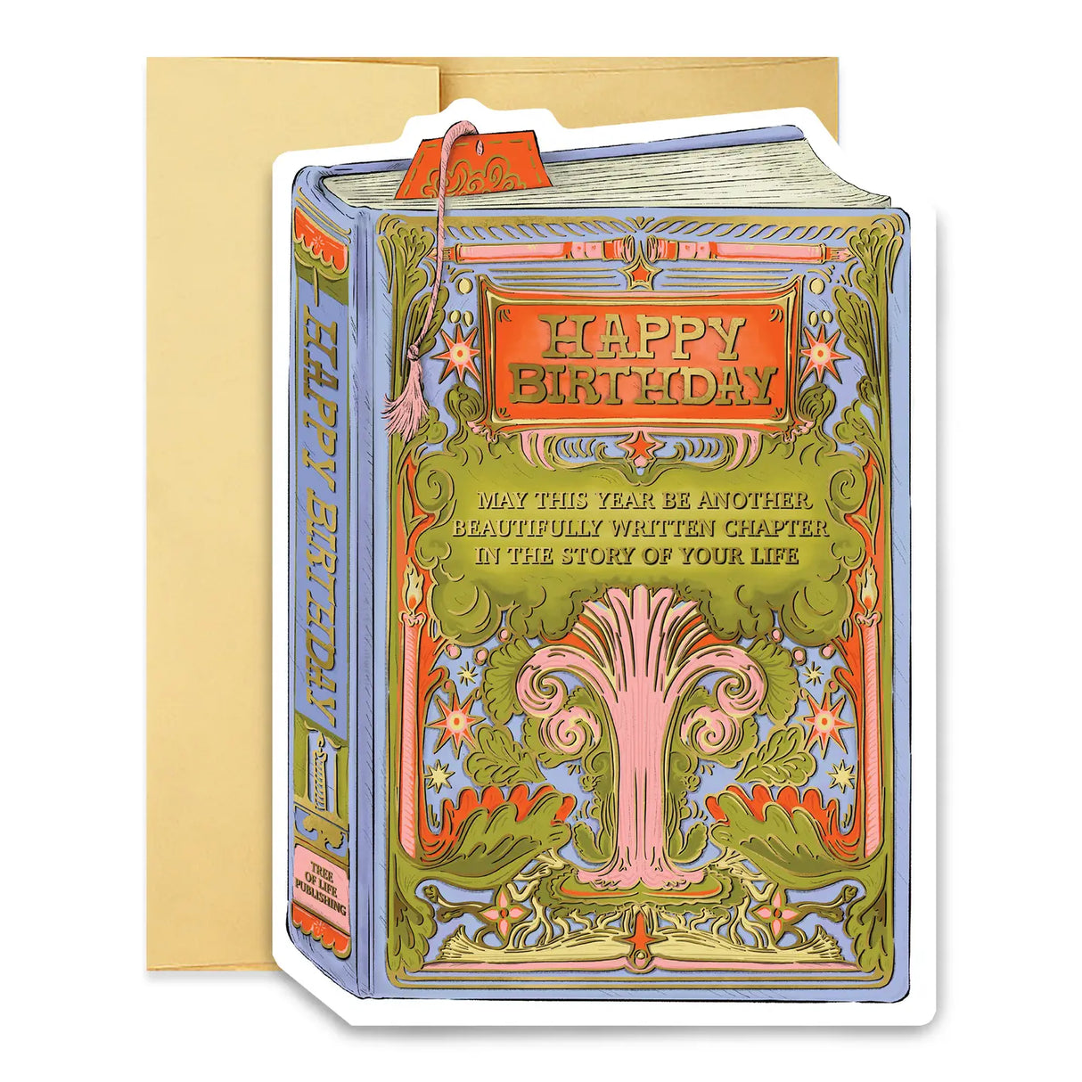 A bookish birthday card for lovers of stories and symbolism. This periwinkle card features a lush, gold-foiled tree with an open book at its roots and the message “May this year be another beautifully written chapter in the story of your life.” A thoughtful and elegant foil-pressed stationery piece.

Product Details:
- Dimensions: 5" x 7"
- Die-cut antique book-style design
- Hand-illustrated with gold foil details
- Blank interior
- Offset and foil printed
- Comes with envelope