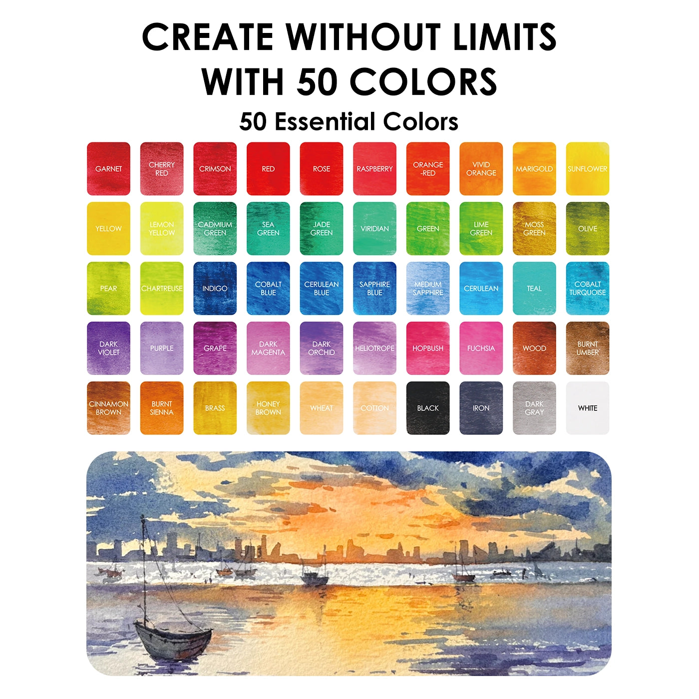 Comprehensive Color Range - Features 50 meticulously curated colors for smooth blending and rich tonal variety, ideal for daily use and diverse artistic projects. &nbsp;

Exceptional Quality - Crafted with vibrant, high-grade pigments for clarity and brilliance, ensuring true colors and effortless blending for both beginners and experienced artists.

All-in-One Set - Includes everything you need—six detail brushes, a water brush pen, a nylon flat brush, a swatch sheet, and a sponge—ensuring you have all the