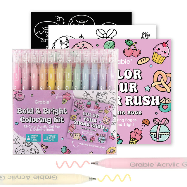 Unleash your creativity with the Grable Bold &amp; Bright Coloring Kit! This collection is your all-in-one artistic adventure, combining smooth, vibrant acrylic gel pens with high-quality themed coloring books. Whether you are an experienced colorist or just starting out, this kit provides everything you need to transform your drawings, journals, and crafts into dazzling, colorful masterpieces. Get ready to experience true color with unmatched performance.