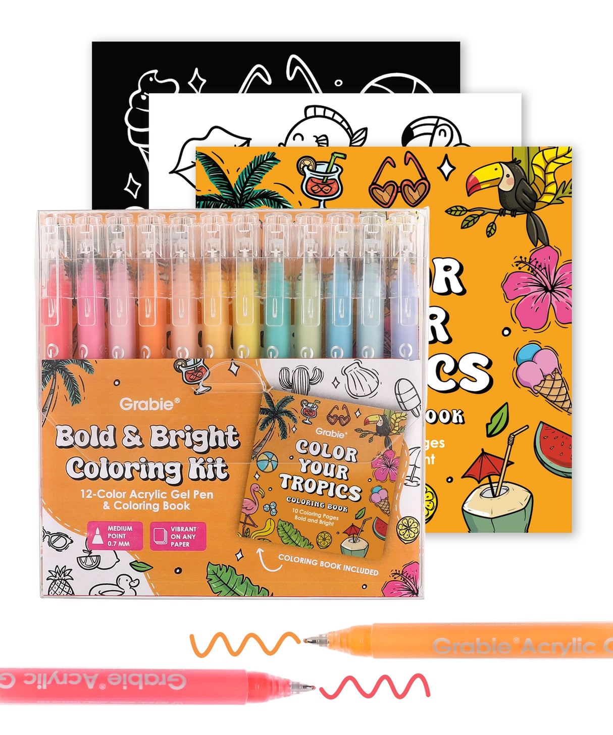 Unleash your creativity with the Grable Bold &amp; Bright Coloring Kit! This collection is your all-in-one artistic adventure, combining smooth, vibrant acrylic gel pens with high-quality themed coloring books. Whether you are an experienced colorist or just starting out, this kit provides everything you need to transform your drawings, journals, and crafts into dazzling, colorful masterpieces. Get ready to experience true color with unmatched performance.