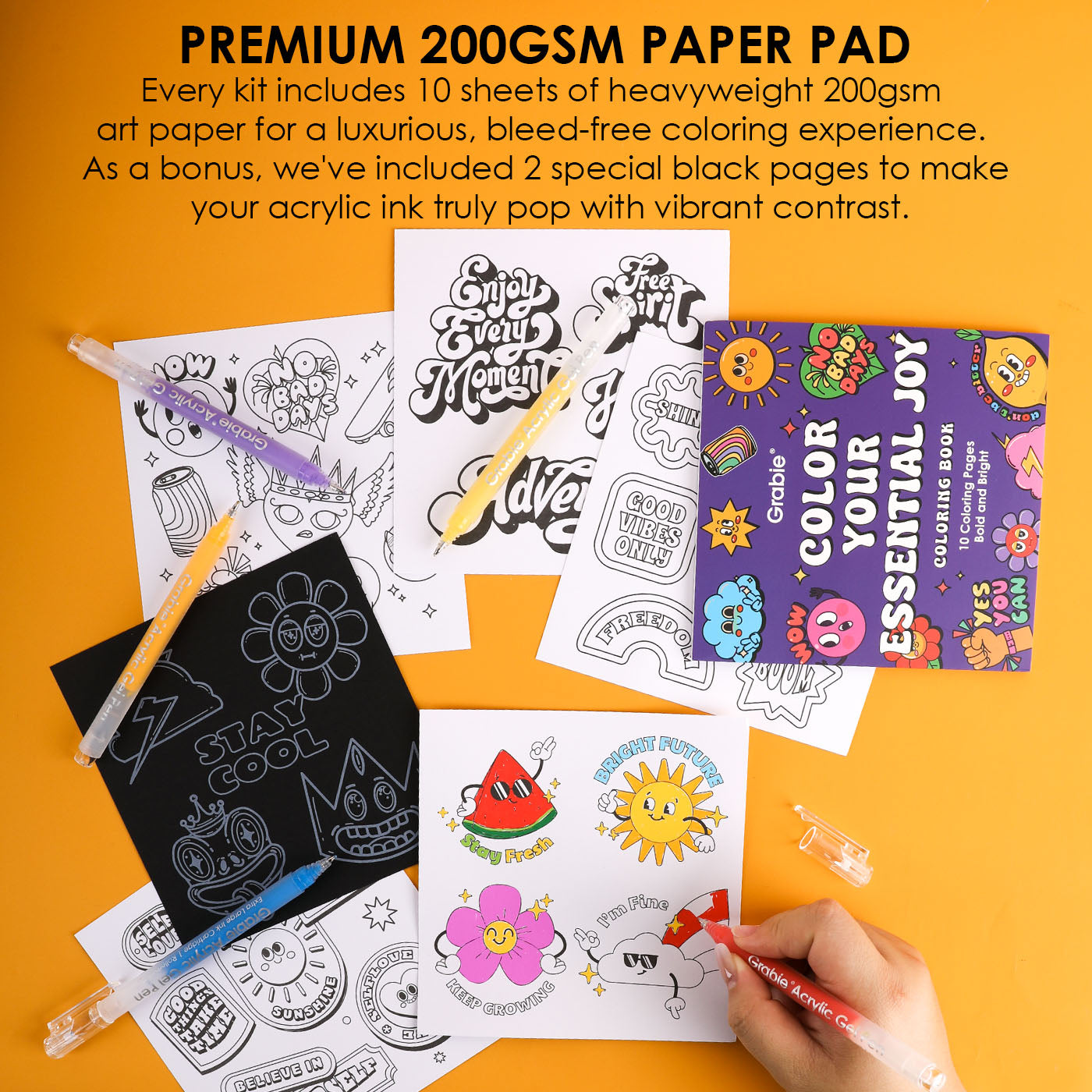 Unleash your creativity with the Grable Bold &amp; Bright Coloring Kit! This collection is your all-in-one artistic adventure, combining smooth, vibrant acrylic gel pens with high-quality themed coloring books. Whether you are an experienced colorist or just starting out, this kit provides everything you need to transform your drawings, journals, and crafts into dazzling, colorful masterpieces. Get ready to experience true color with unmatched performance.